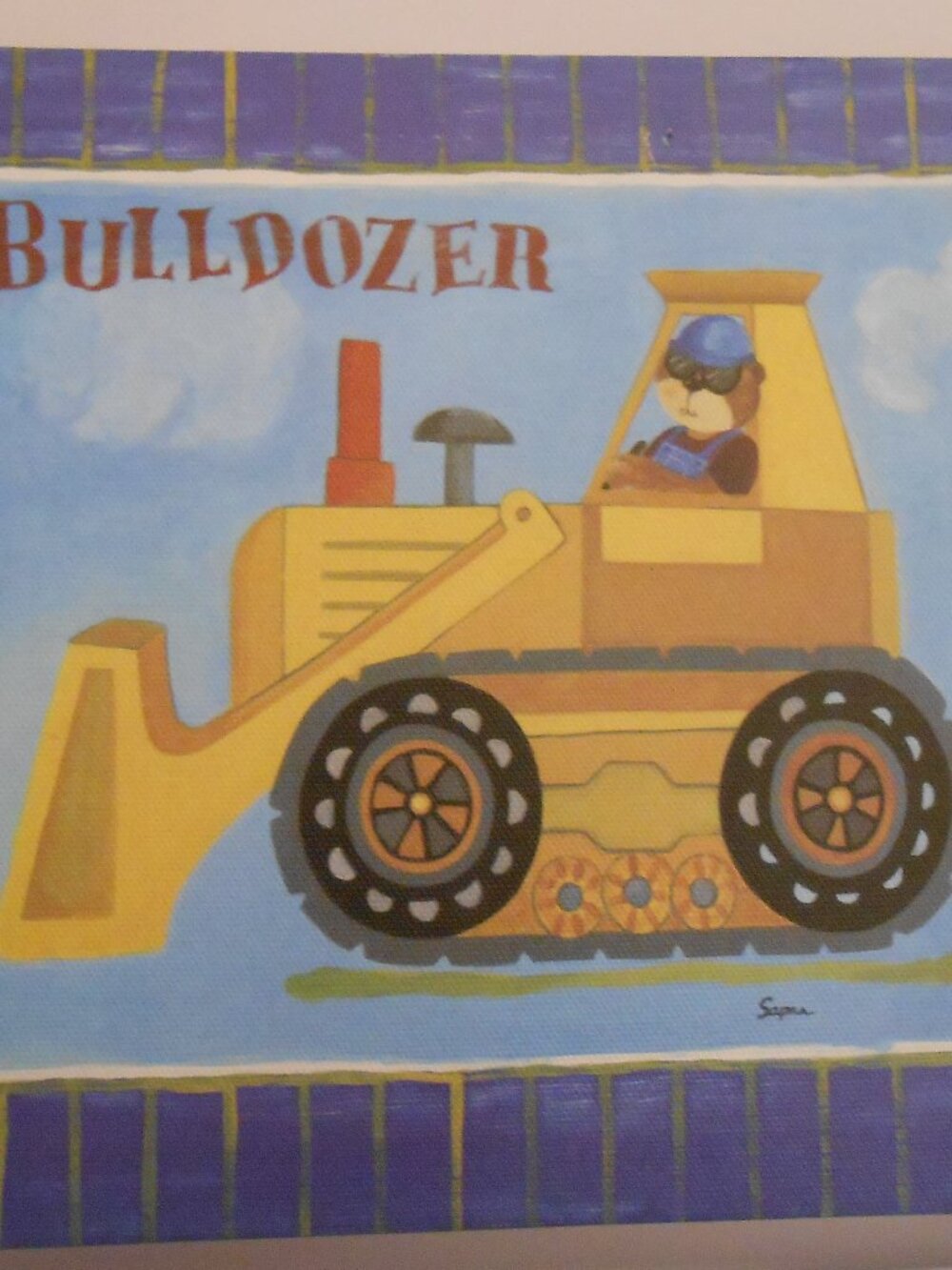 Kids Bulldozer Canvas Painting/Sign, Construction, Children, Decor, Artwork